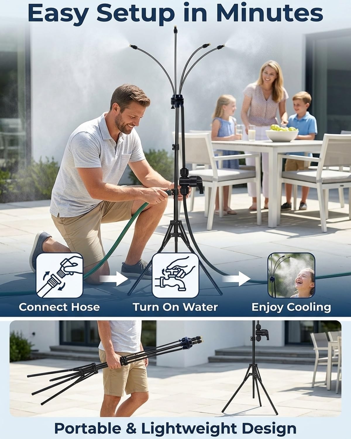 Adjustable Outdoor Misting Cooling System, Portable Automatic Garden Sprayer, Standing Spray Atomizing Nozzle, Misters for Outside Patio, Backyard, Pool, Tanning, BBQ and Water Playing