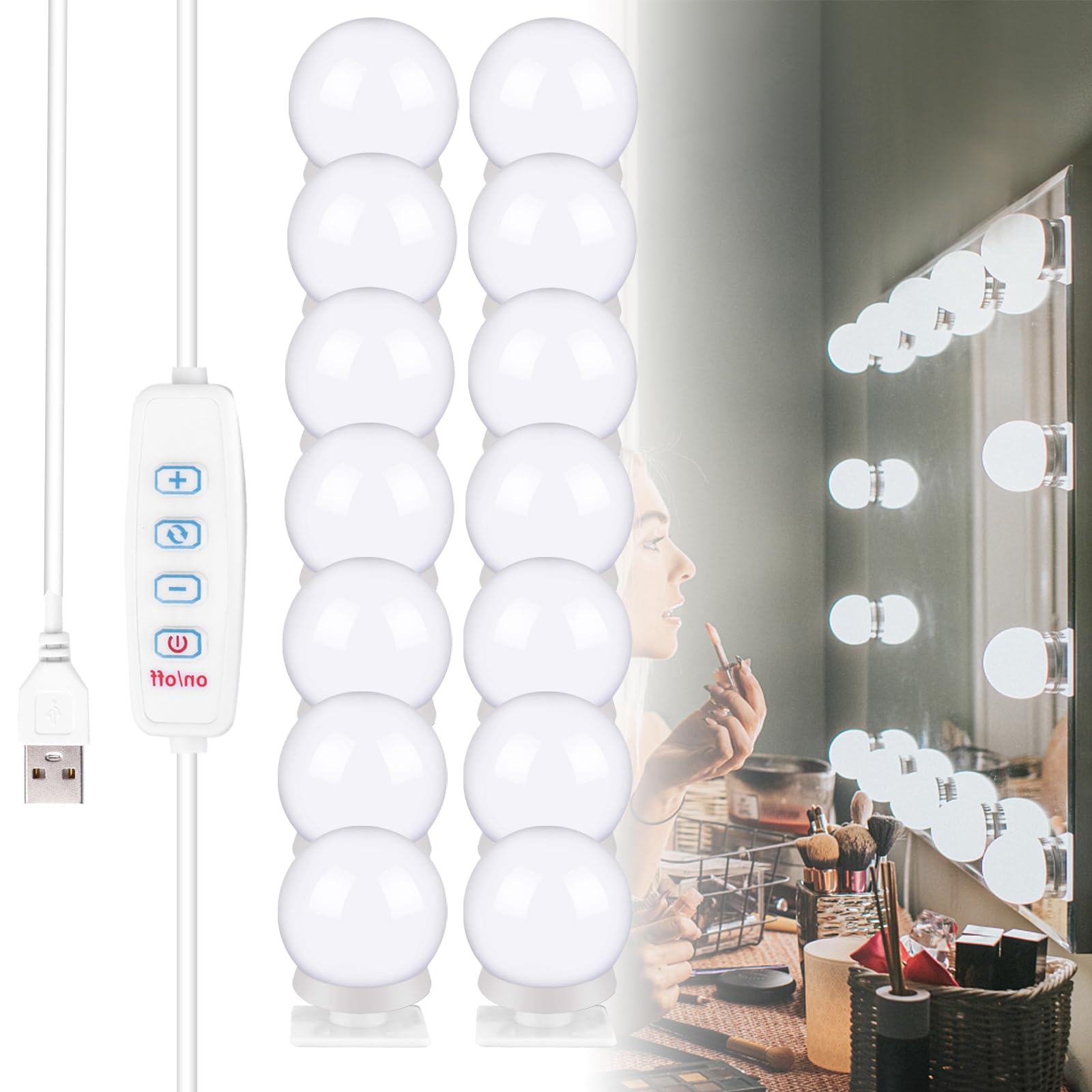 YOYIAG LED Vanity Mirror Lights: Vanity Lights for Mirror with 14 Dimmable Led Light Bulbs 3 Color Modes, Hollywood Style Makeup Lights Stick on for Makeup Vanity Table,Mirror Not Included