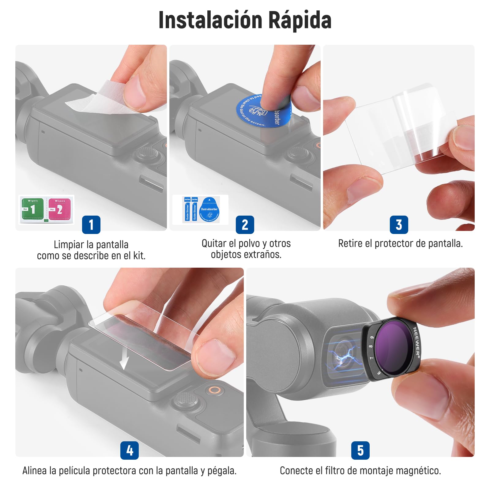 NEEWER Kit Variable ND2-ND32 y ND64-ND512 Compatible con DJI Osmo Pocket 3 / Pocket 4 / Xtra Muse, Filtros Densidad Neutra Paradas Limitadas, 2 Pantalla Protectores, Acción Accesorio Cámara