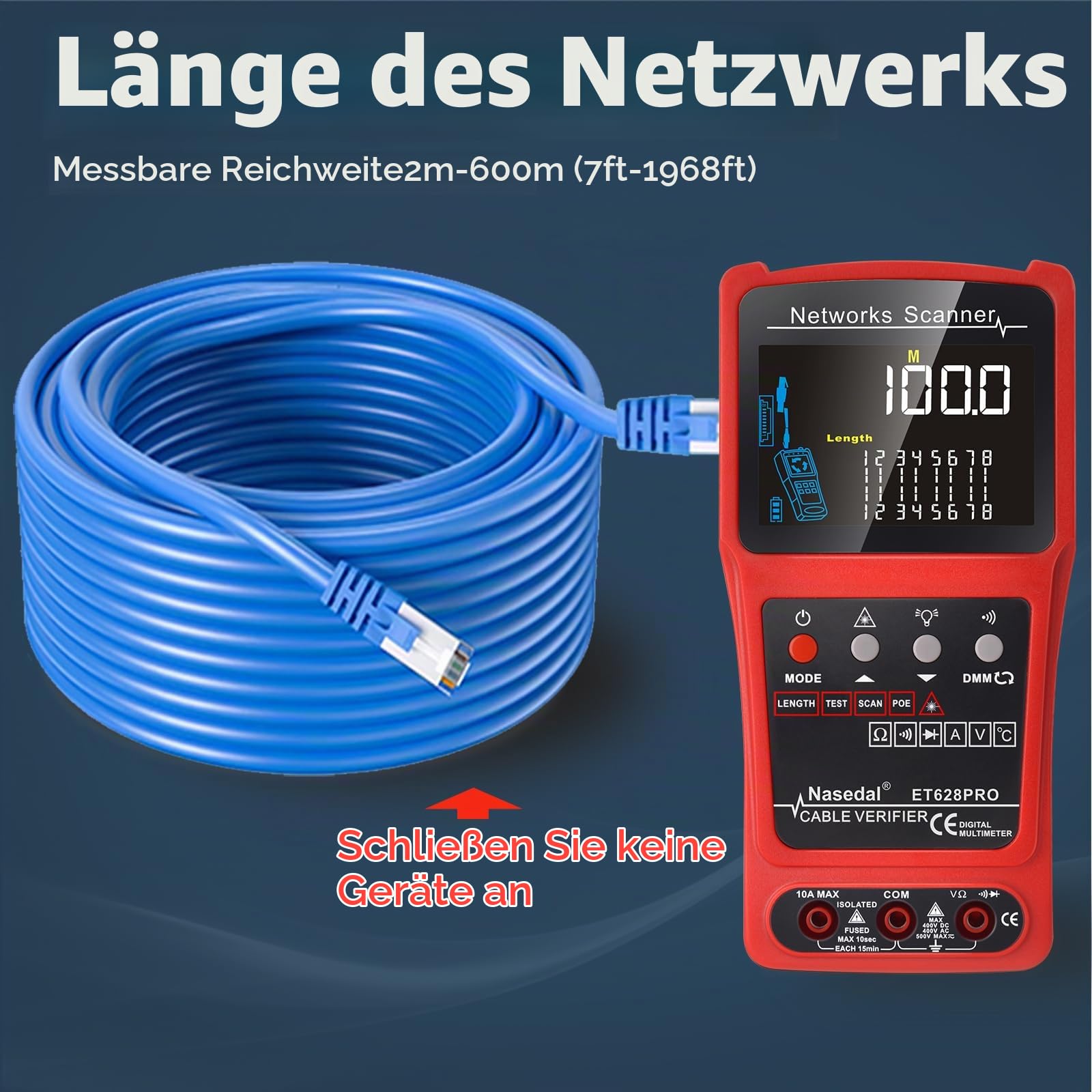 Network Cable Tester Wire Tracker Tone Generator Ethernet Tester Multimeter VFL 3-in-1 RJ45 CAT5 CAT6 CAT7 CAT8 RJ11 Tone BNC Tester PoE Test Cable Length Cable Mapping Test Port Flashng 3 pcs Remote