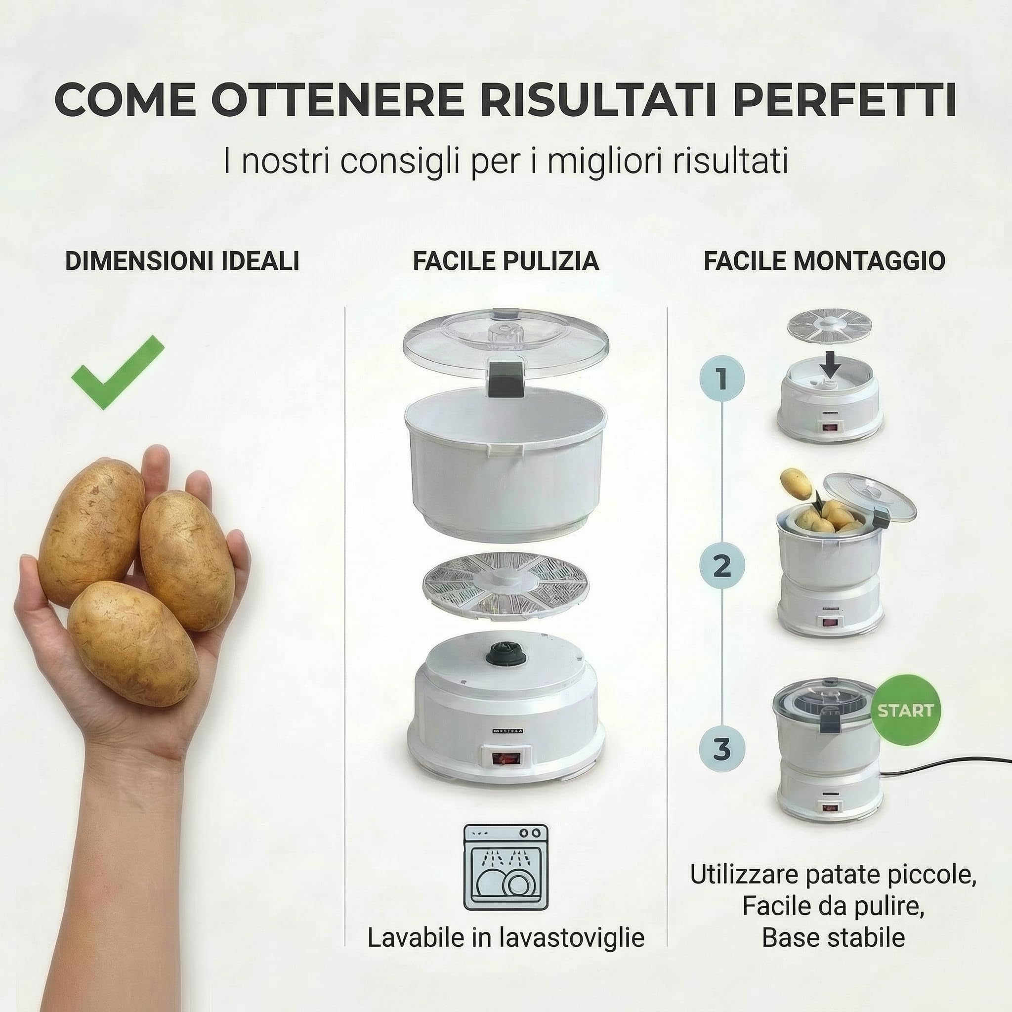 MELISSA 16220008 Pela Patate Elettrico, Pelatore Elettrico - capacità 1 kg, con centrifuga per insalata, 85 Watt, colore - Bianco | Pelapatate con centrifuga per insalata e verdure, capacità 1 kg, 85 Watt, bianco