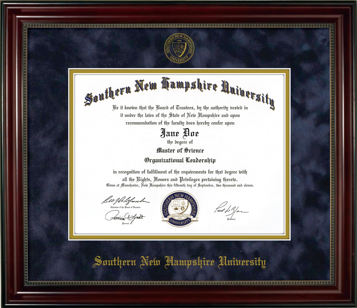 Southern New Hampshire University SNHU Diploma Frame – Officially Licensed - Cherry Finish Wood with Bead Frame and Navy Suede and Gold Mats