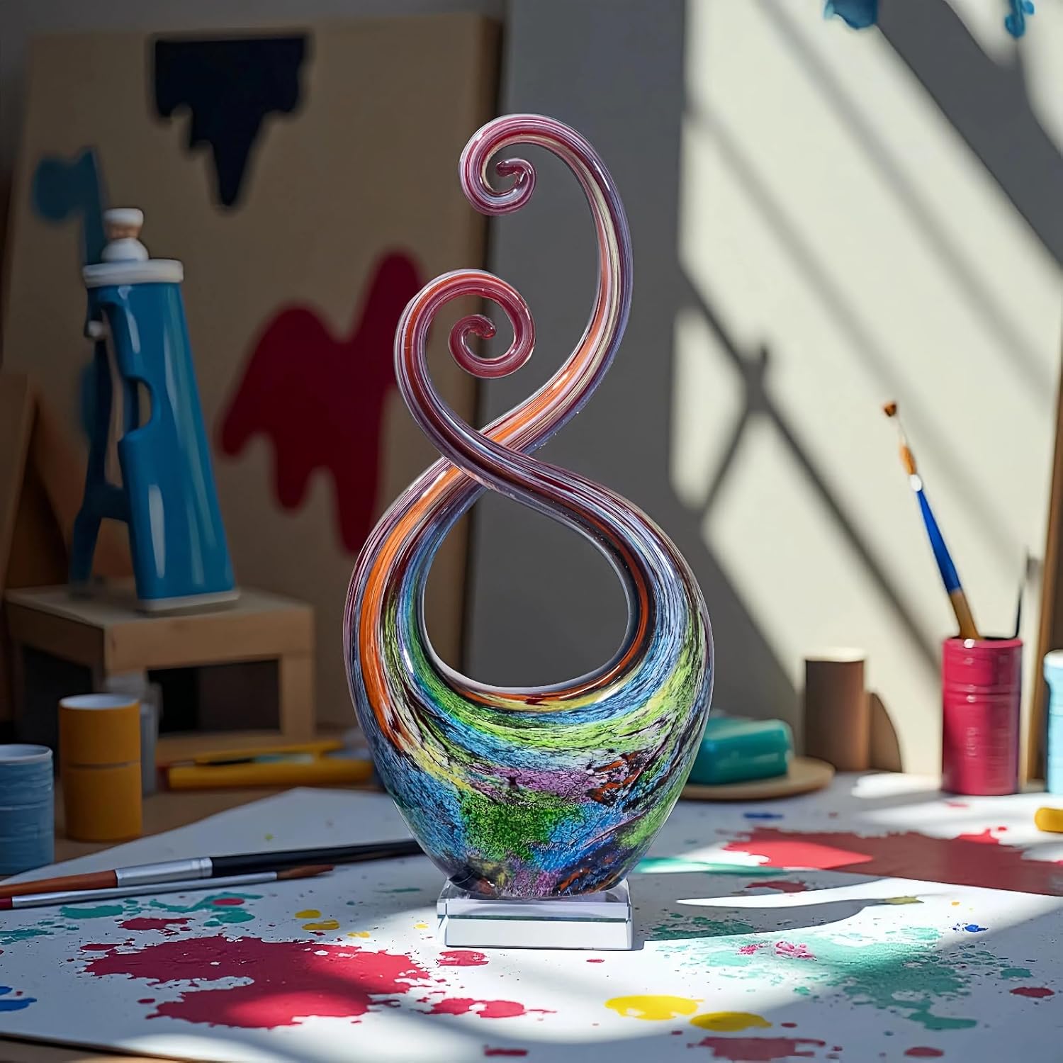 14″ Hand Blown Art Glass Sculpture with Base - Murano Style Valentine's Day Gift - Weatherproof Multicolor Swirled Abstract Art Decor for Indoor Outdoor Use - Image 8