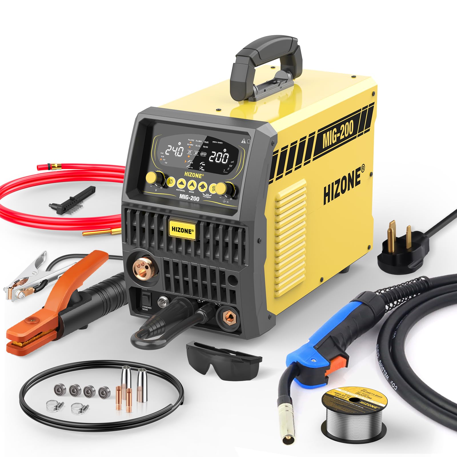 HIZONE Aluminum MIG Welder, 200A 120V/240V 8 in 1 Gas MIG/Gasless Flux Core MIG/Stick/Lift TIG/Spot Welding/Spool Gun Welding Machine with Large LCD Display, Multiprocess Inverter Welder Machine