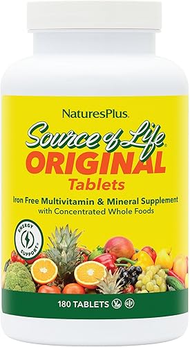 NaturesPlus Source of Life - Sin hierro - 180 tabletas - Suplemento multivitamínico y mineral con vitamina D3 - Apoya la energía natural y el