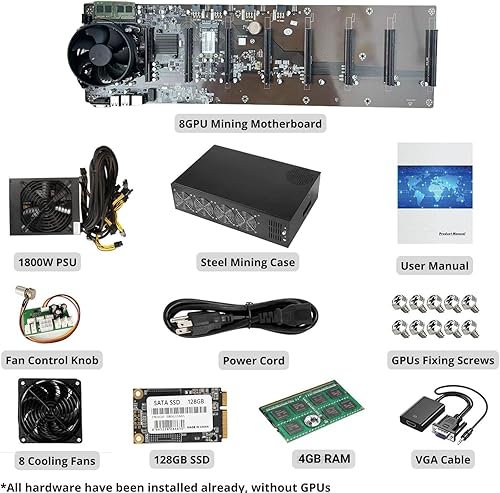 Miniatura 6 de SUOHUI GPU Mining Rig Complete Mining Server Case for EthereumETH Crypto Mining Prebuilt 8 GPU Mining Motherboard, 1800W PSU, 8 ventiladores de