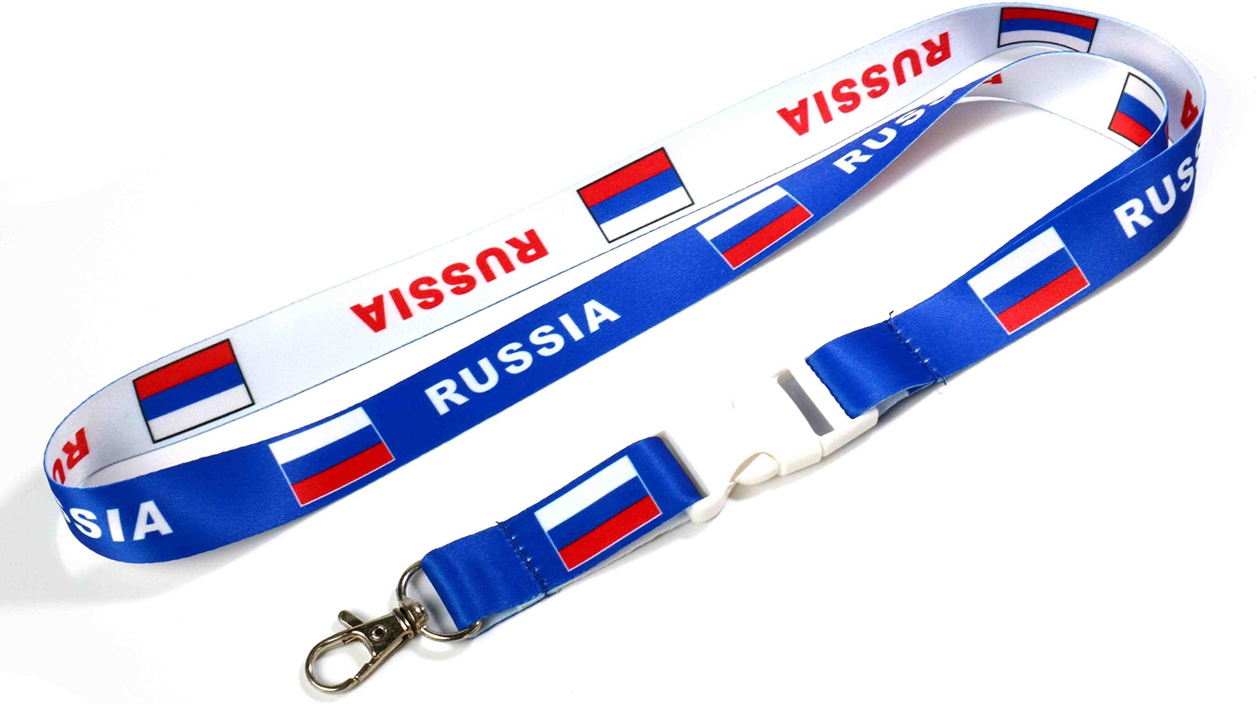 RockNerdy - Russia Flag Reversible Lanyard Keychain w/Quick Release Snap Buckle & Clasp - ID Lanyard for Keys Badges USB Whistle - ID Holder Keychain for Women Men Kids (Blue or White, 1 Lanyard)