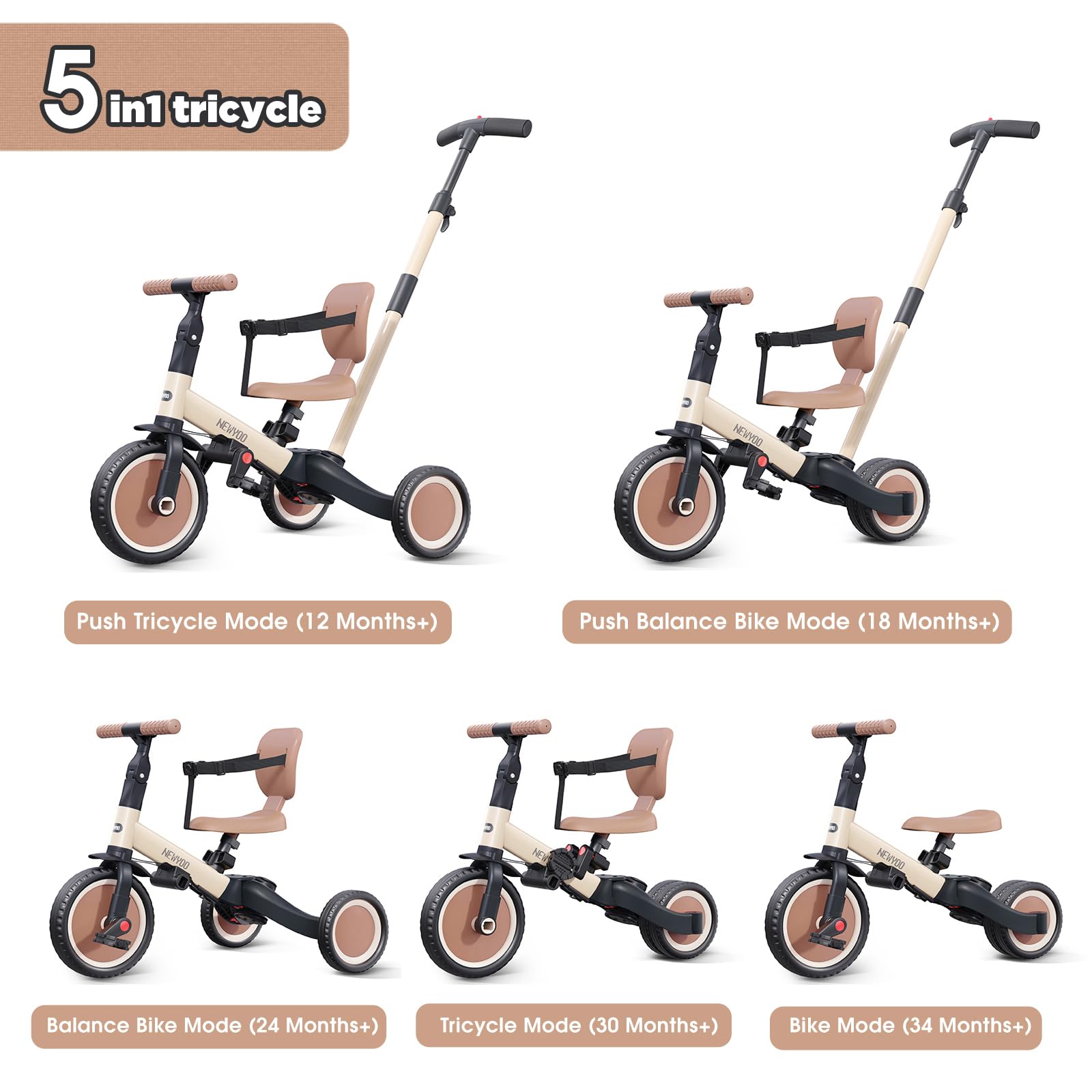 newyoo Toddler Tricycle with Push Handle for 1-3 Year Old, Toddler Bike, Birthday Gift and Toy for Boys and Girls, 5 in 1 Kids Trike, Balance Bike with Backrest and Safety Belt, Khaki, TR007