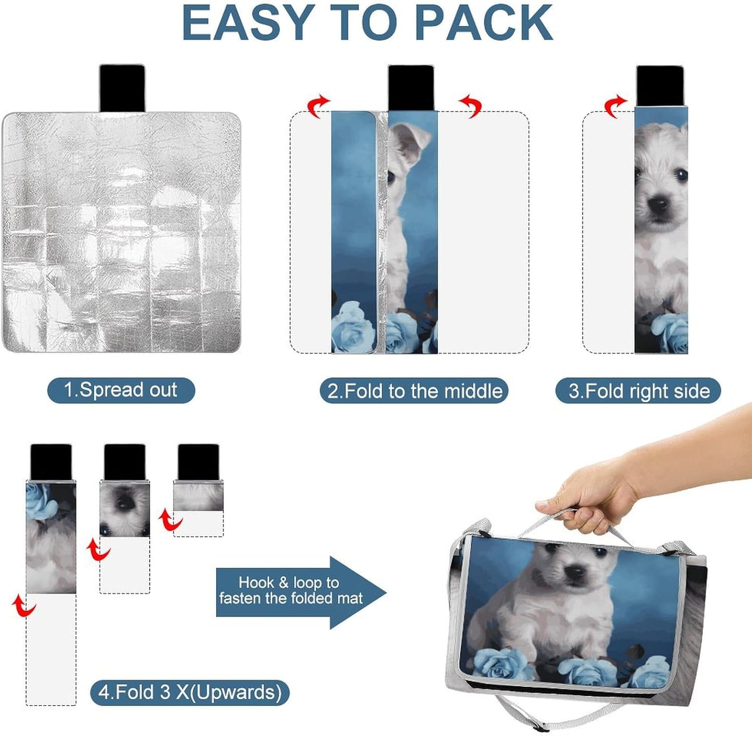 Outdoor Picnic Blanket Extra Large Beach Blanket Waterproof Picnic Mat Puppy Blue Rose Camping Blanket Portable with Carry Strap Park Blanket for Grass Camping Park