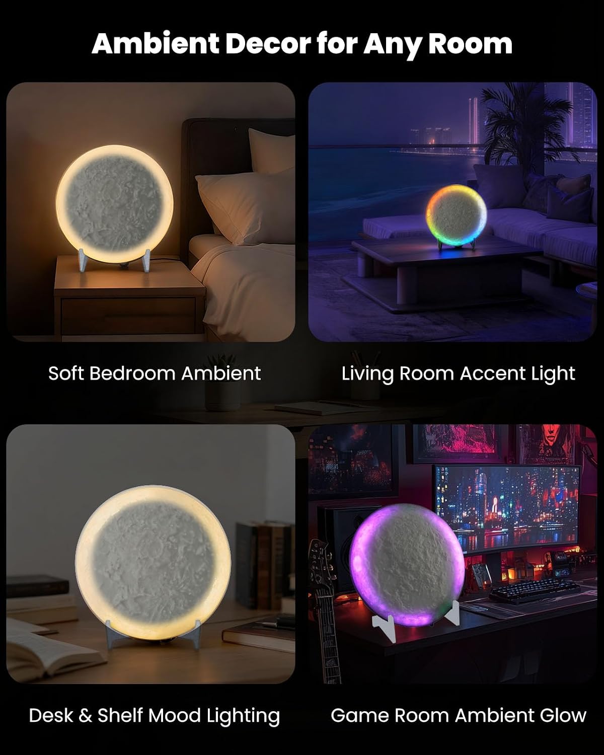 Nobiggie Meteorite Texture Ambient Lighting, Mood Light with Halo Glow for Bedroom, Living Room, Desk & Shelf Decor (White, Large)