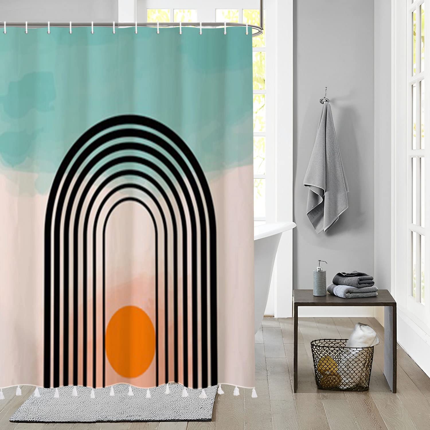 183x213cm Cortina de Baño Bohemia Impermeable Cortina de Ducha de Arte Abstracto Planta Tropical de Medio Siglo Cortinas de Ducha Lavables para Bañera con Gancho — view 39