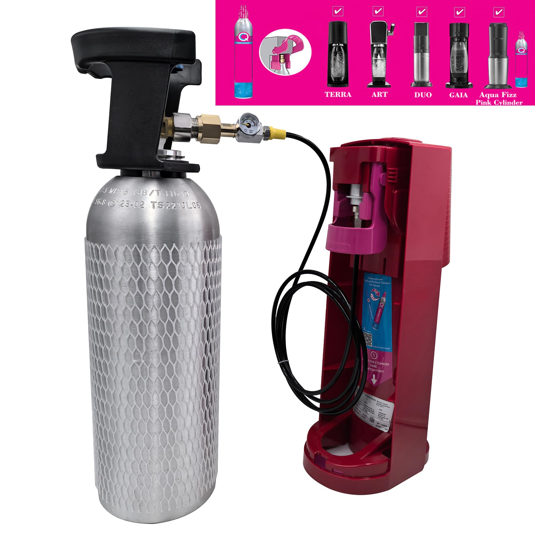 Gaia Terra Duo Art Machine à eau gazeuse avec tuyau de 2,5 m avec adaptateur Quick Connect et manomètre