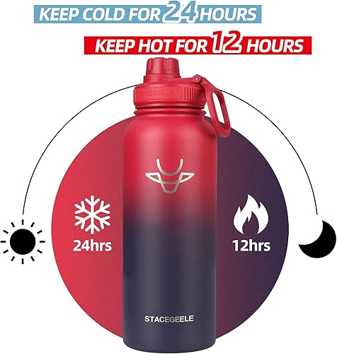 Miniatura 2 de STACEGEELE Botella de agua aislada de 40 onzas con pajilla, botella de agua de acero inoxidable 188 con 2 tapas, botella de agua de metal, termo