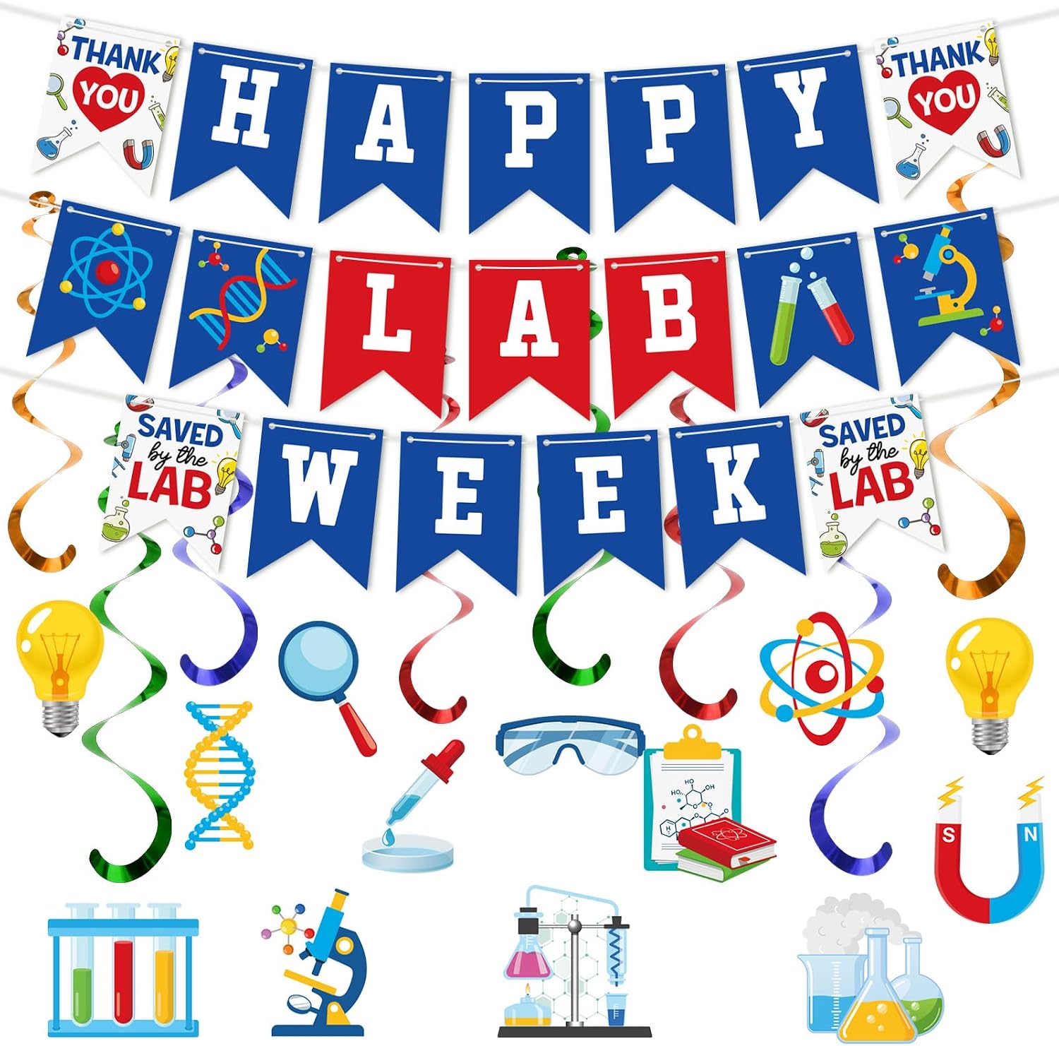 Motiskyy 49 Pcs Happy Lab Week Banner Decorations Lab Week Themed Hanging Swirls Science Birthday Party Decor Chemistry Laboratory Streamers Decor for School Classroom Experiment Supplies