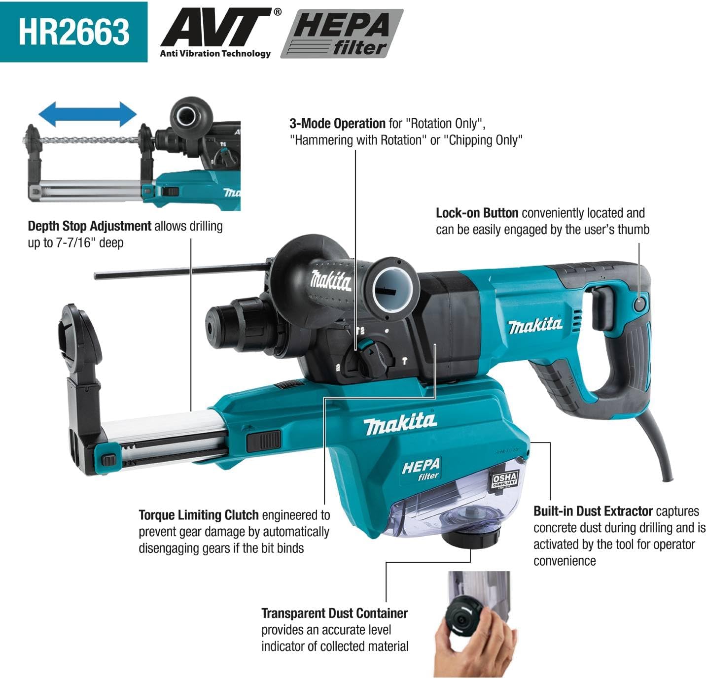 Makita HR2663 1" SDS-PLUS AVT® Rotary Hammer, w/HEPA Dust Extractor (D-handle)