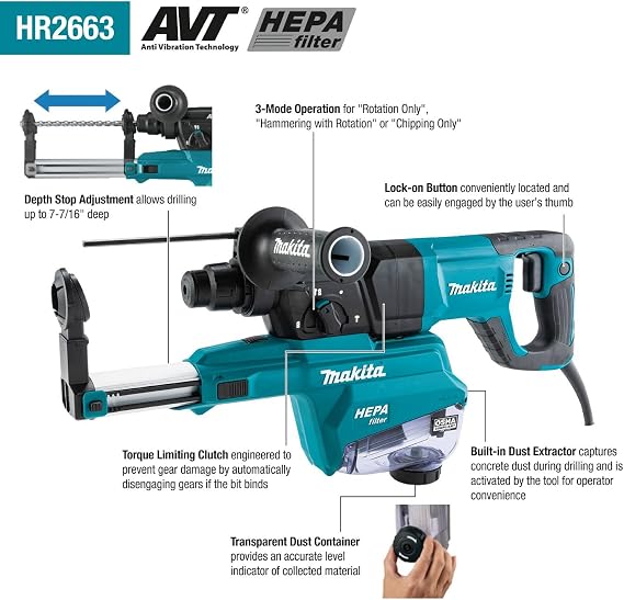 Makita HR2663 1 SDS-PLUS AVT Rotary Hammer, w/HEPA Dust Extractor (D-handle)