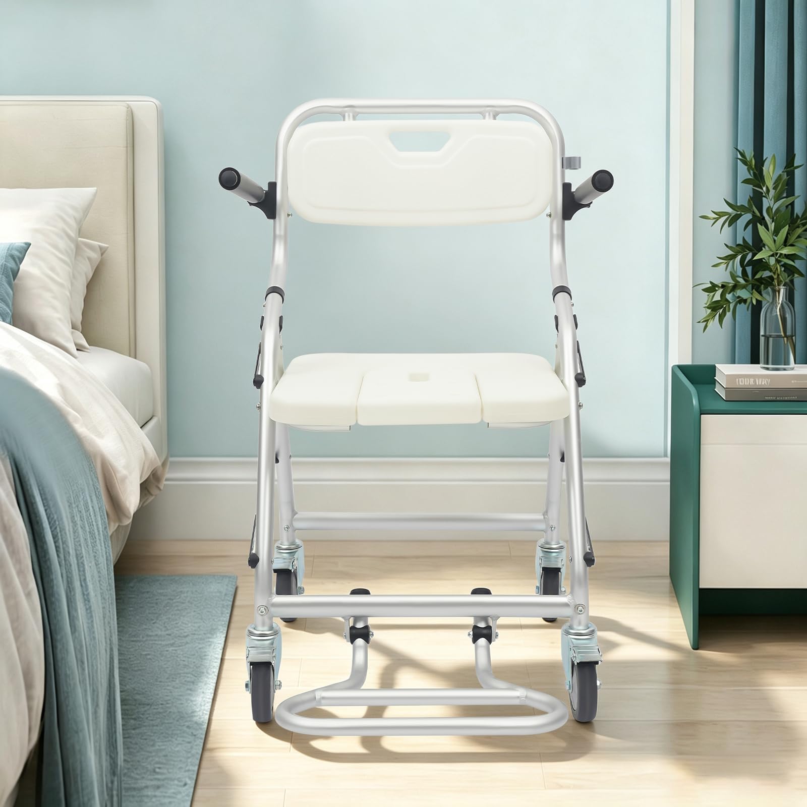 Silla de ducha plegable con ruedas de freno, silla de ducha 3 en 1
