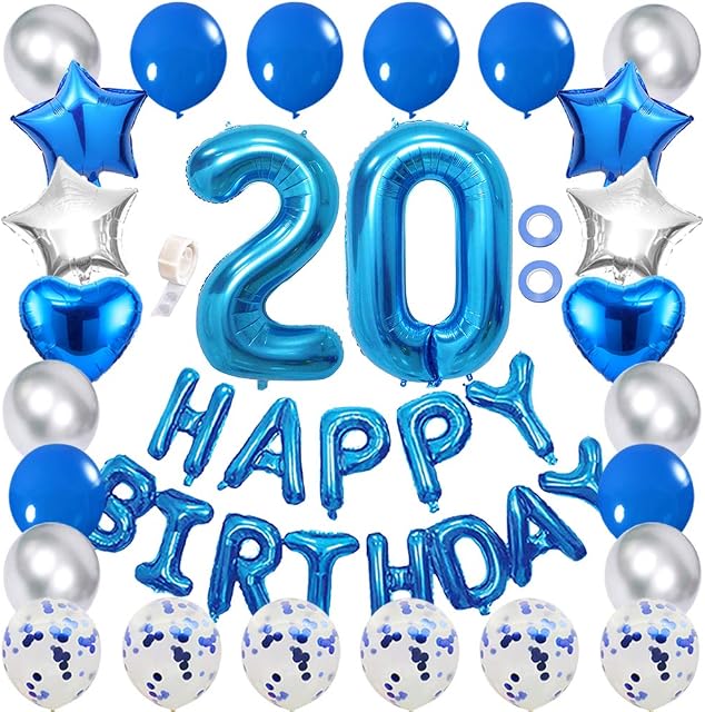 Ceqiny 20th Birthday Decoration Happy Birthday Banner Balloon Set Blue Number 20 Balloons Blue Confetti Balloons Latex Balloons Blue Silver Star Heart Foil Balloon Party Supplies for Girls Boys