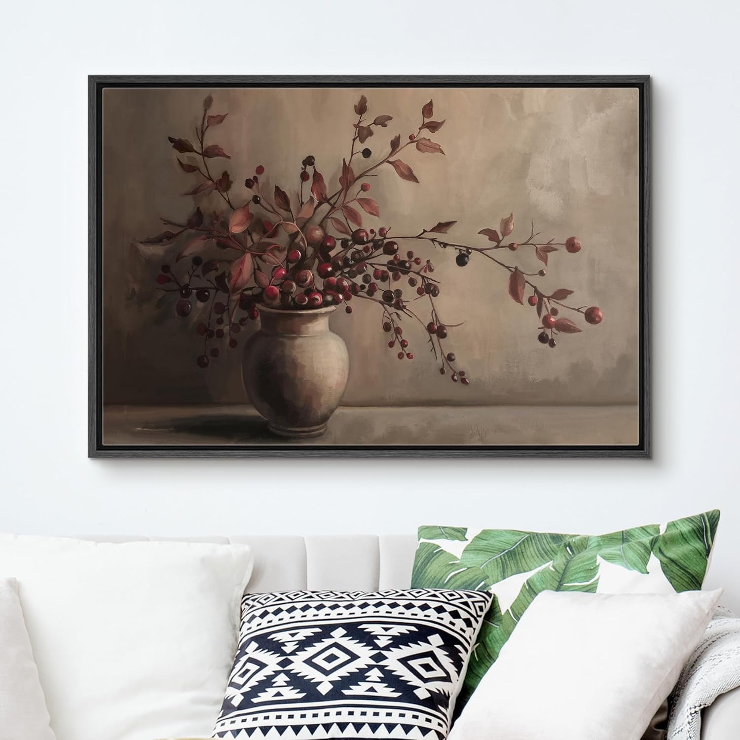 SIGNFORD Framed Canvas Print Wall Art Rustic Berries in Vase Traditional Still Life with Warm Tones Illustrations Modern Art Decorative Relax/Calm for Living Room, Bedroom, Office - 16"x24" Black