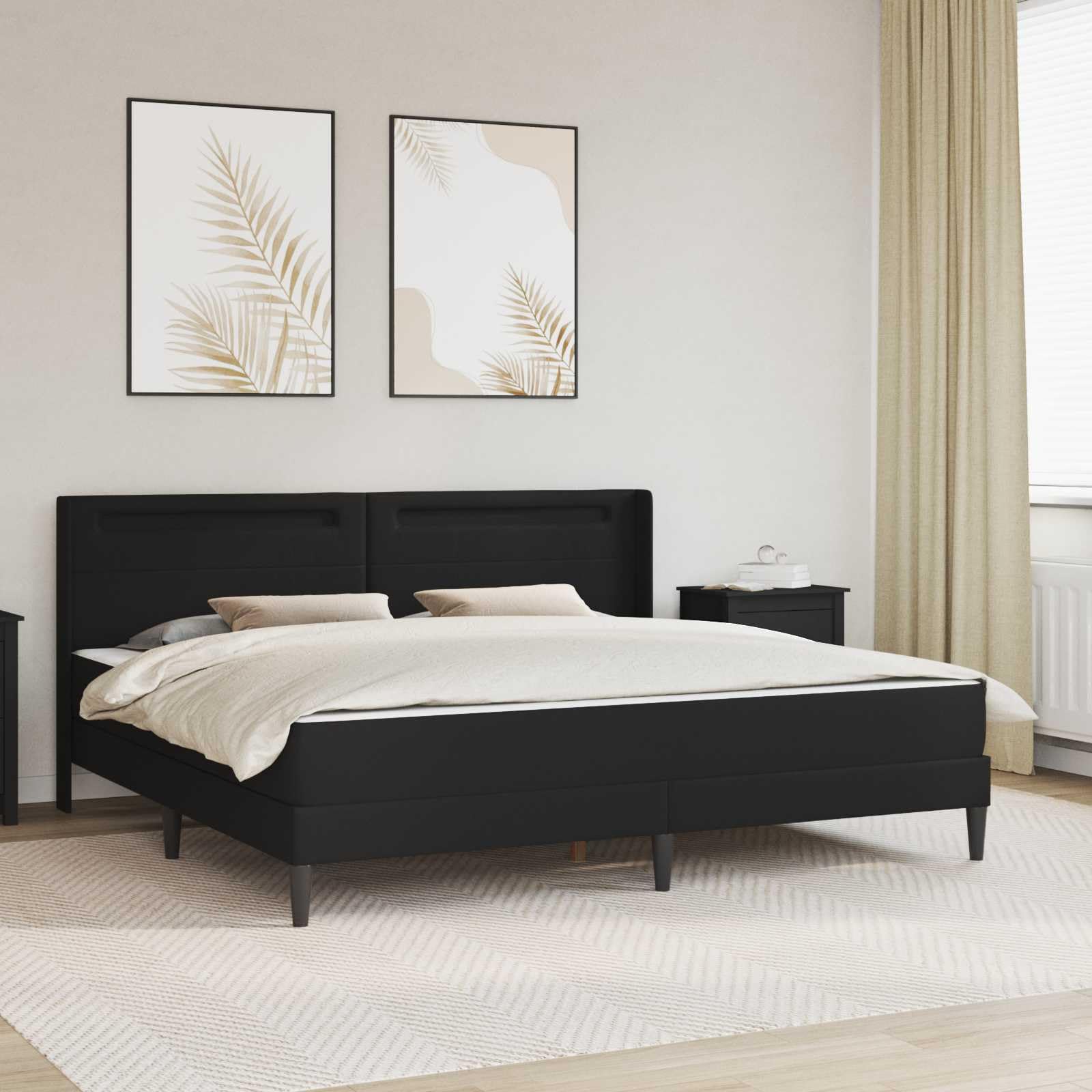 Rama łóżka z materacem, czarna, 180 x 200 cm, sztuczna skóra, oświetlenie LED, rdzeń ze sprężyn kieszeniowych, materac rolowany z zimnej pianki, do sypialni, dla gości, podwójne łóżko na