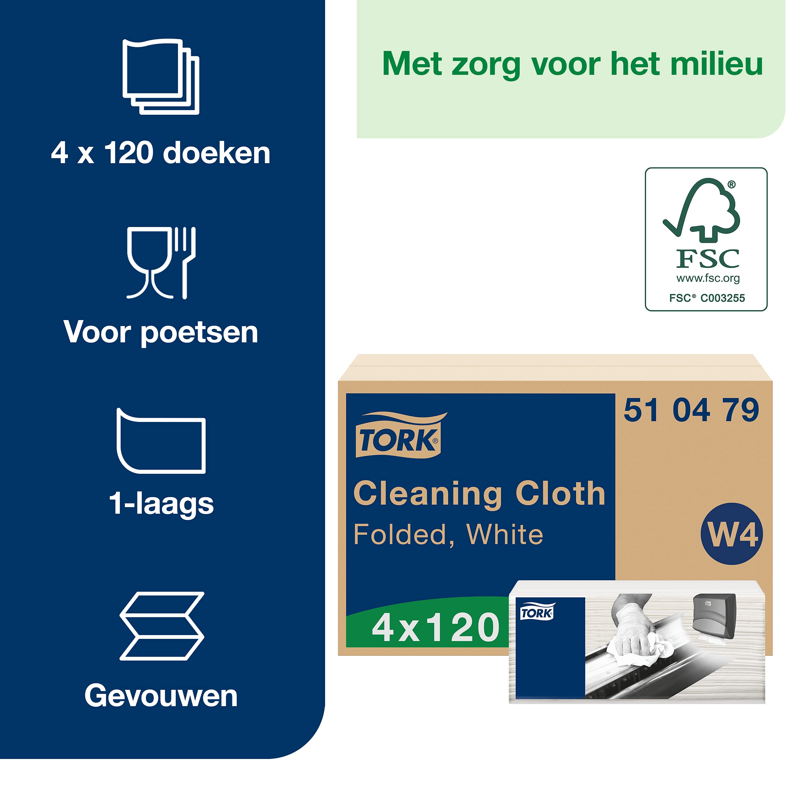 Tork Biobased Heavy-Duty Reinigingsdoek Wit W4, 1 -laags, 1 pack x 105 doeken, 10.5cm x 35.5cm, 930179