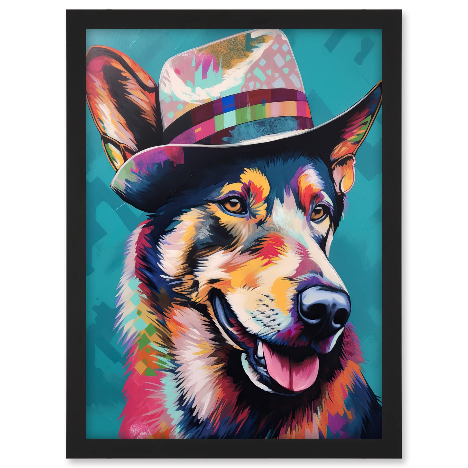 Artery8 German Shepherd with Fedora Hat Vibrant Portrait Artwork Framed A3 Wall Art Print