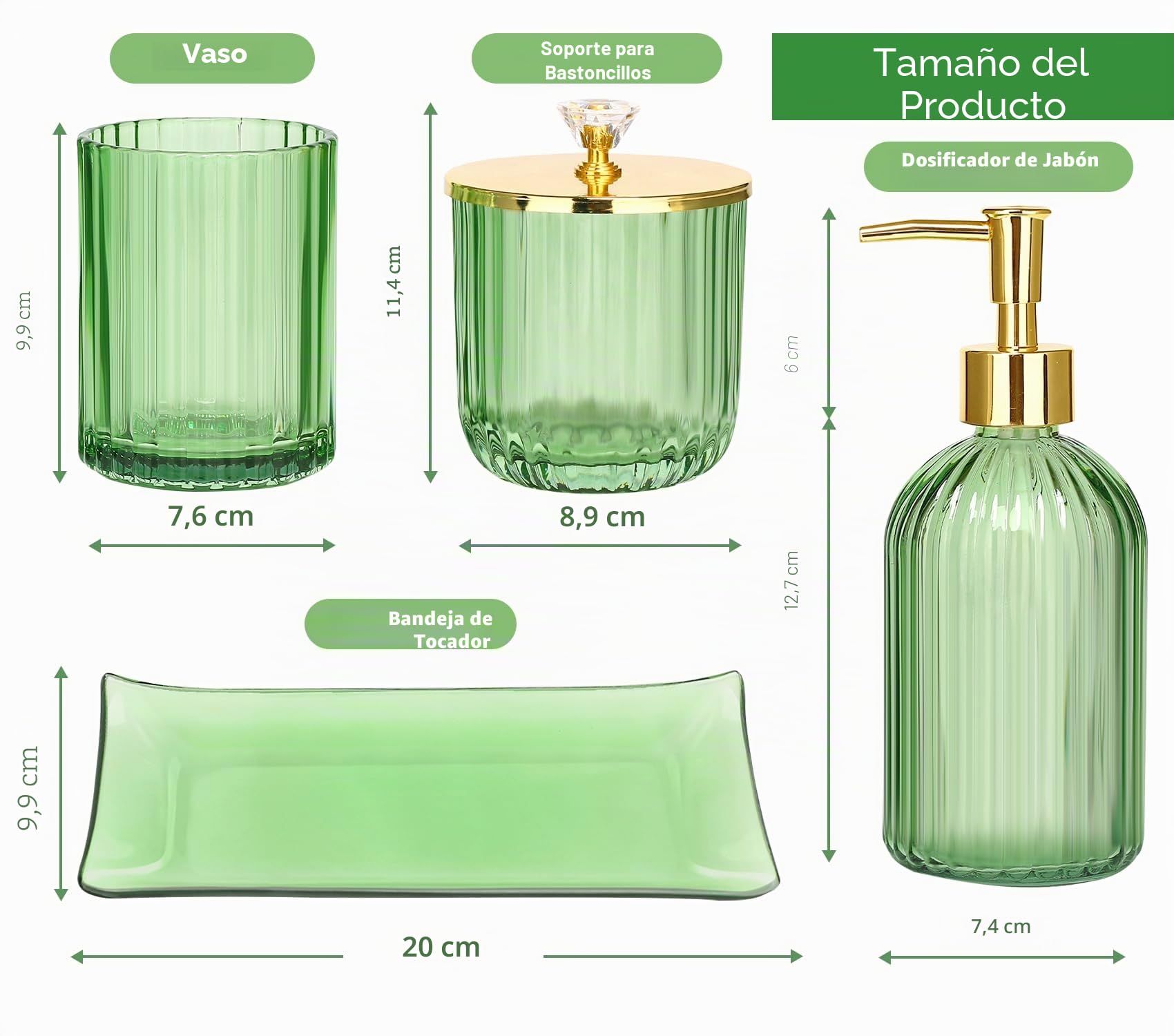Haturi Juego de accesorios de baño, 4 piezas de accesorios de baño de vidrio verde completo con dispensador de jabón de loción, soporte para cepillo de dientes, tarro de boticario, bandeja de tocador,
