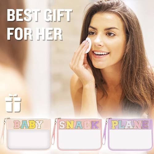 Miniatura 7 de izuzta Bolso transparente con letras de chenilla, bolsa transparente con cremallera y correa para la muñeca, Rosado