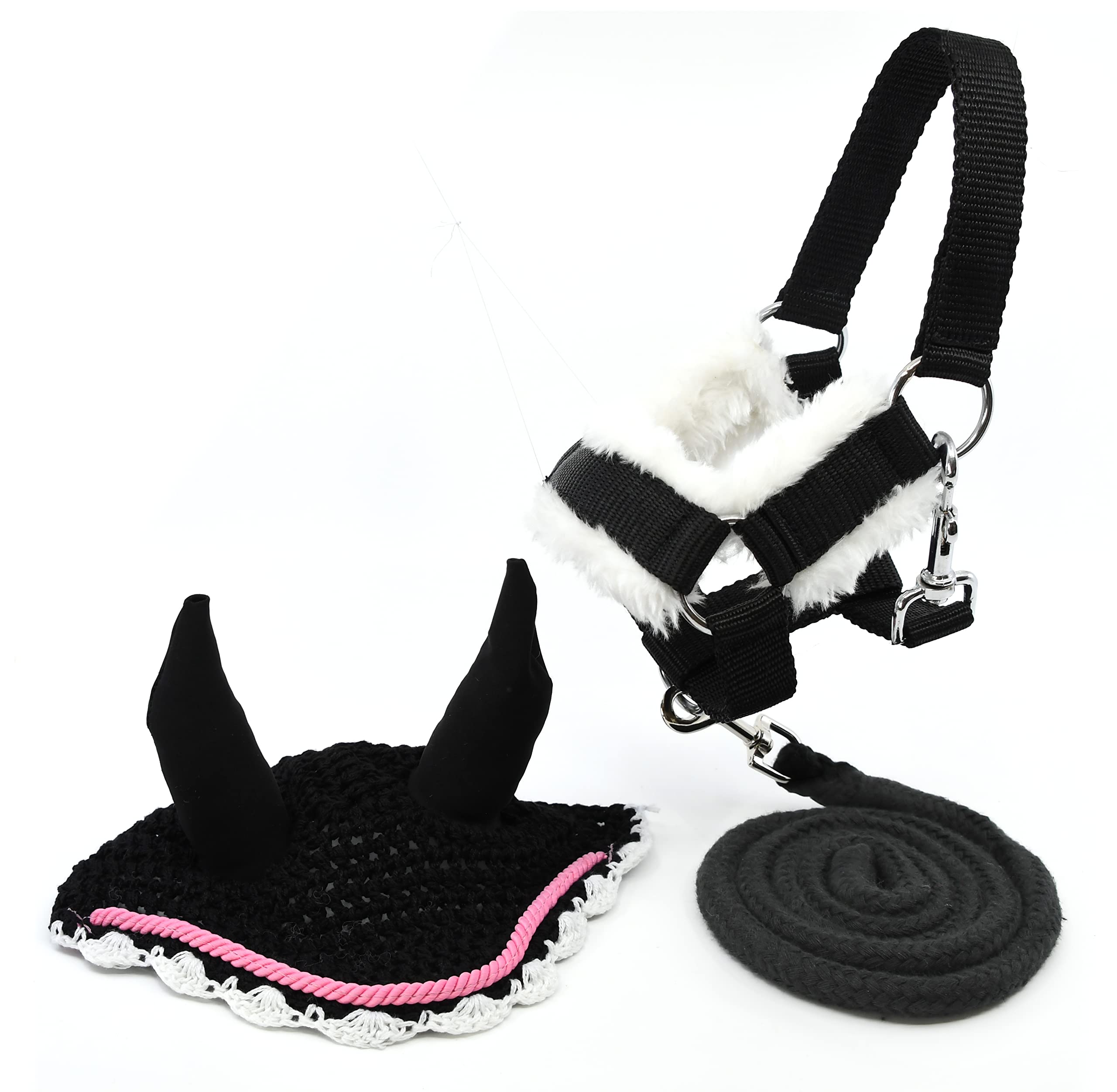 Zubehör-Set für Hobby, Horse und Pferd, schwarz, mit Führstrick + Decke + Mückenschutzmütze