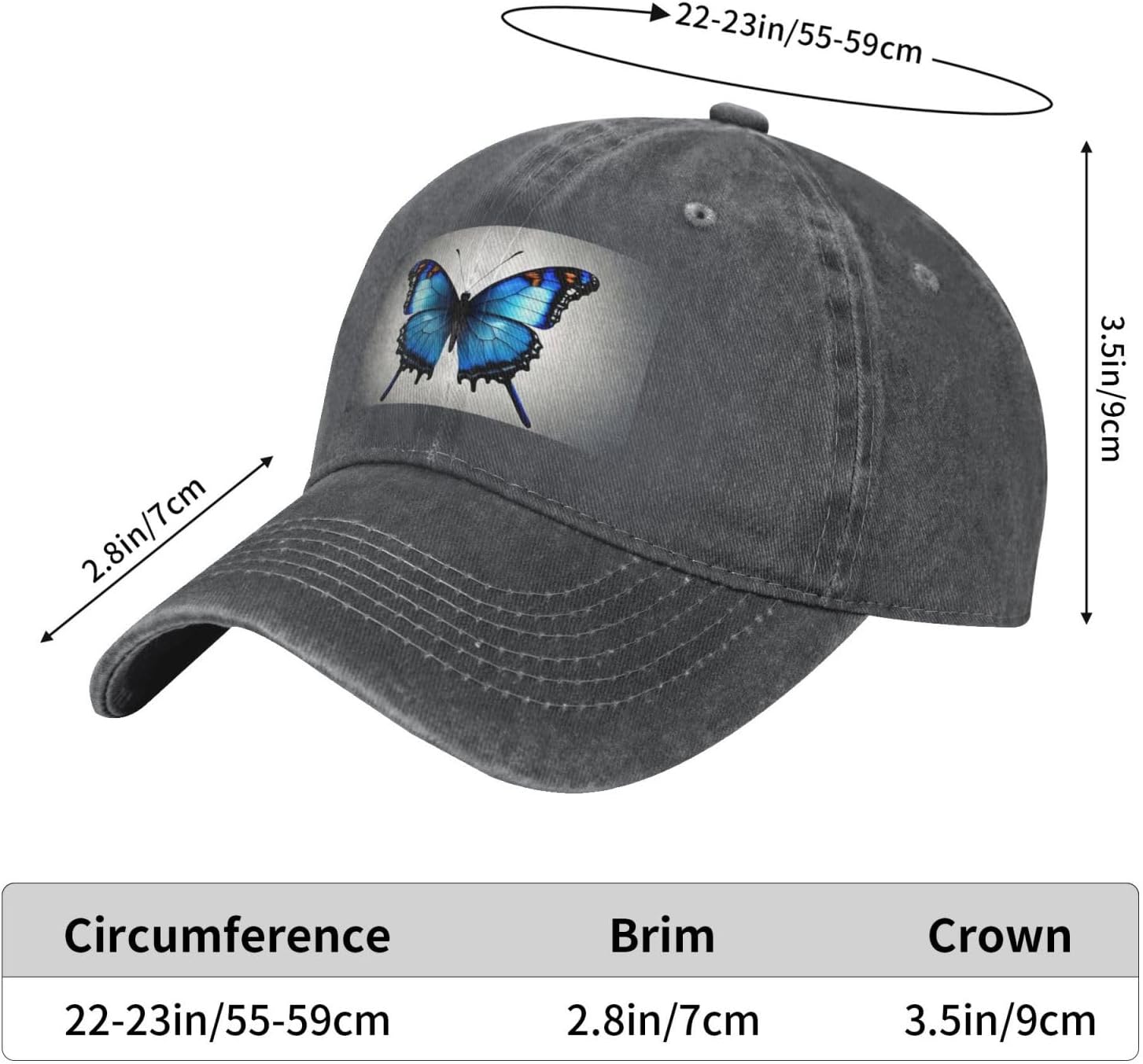 One Blue Butterfly Print Cowboy Hat Personalized Baseball Cap Fashion Hat Cap Funny Gifts for Women Men