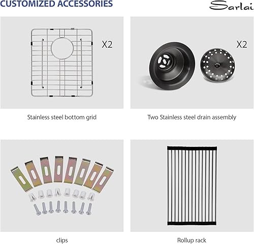 Vista 58 de Sarlai Fregadero doble de 33 piezas para empotrar - Fregadero de cocina de 33 x 19 pulgadas, acero inoxidable de calibre 16, esquina redonda, doble