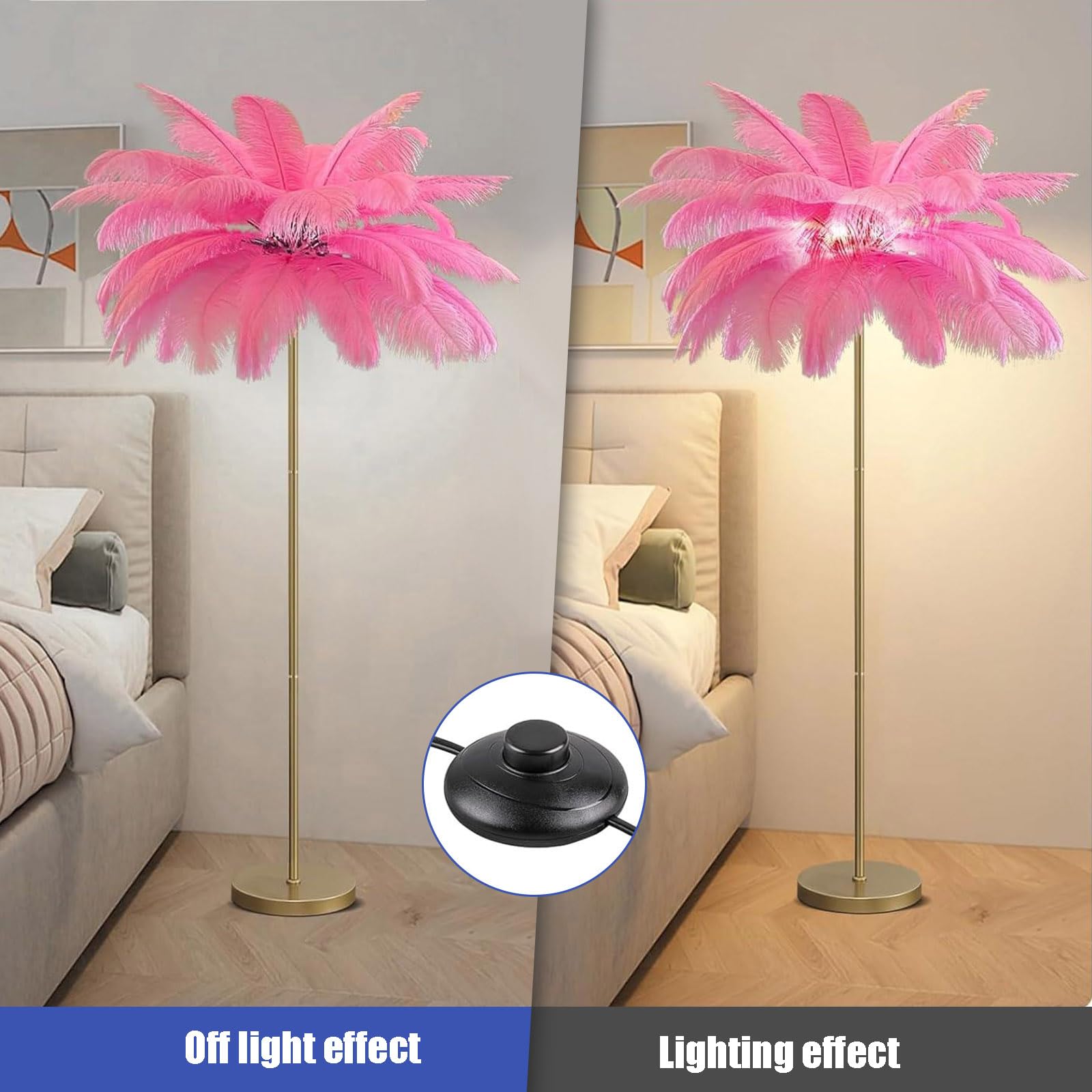 Staande lamp met natuurlijke struisvogelveren, goud, moderne design met elegante lampenkap, hoge lamp voor slaapkamer Staande lamp met natuurlijke struisvogelveren, goud, moderne design met elegante lampenkap, hoge lamp voor slaapkamer