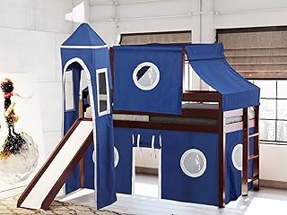 Castle Low Loft Bed with Slide, Blue and White Tent and Tower, Twin, Cherry