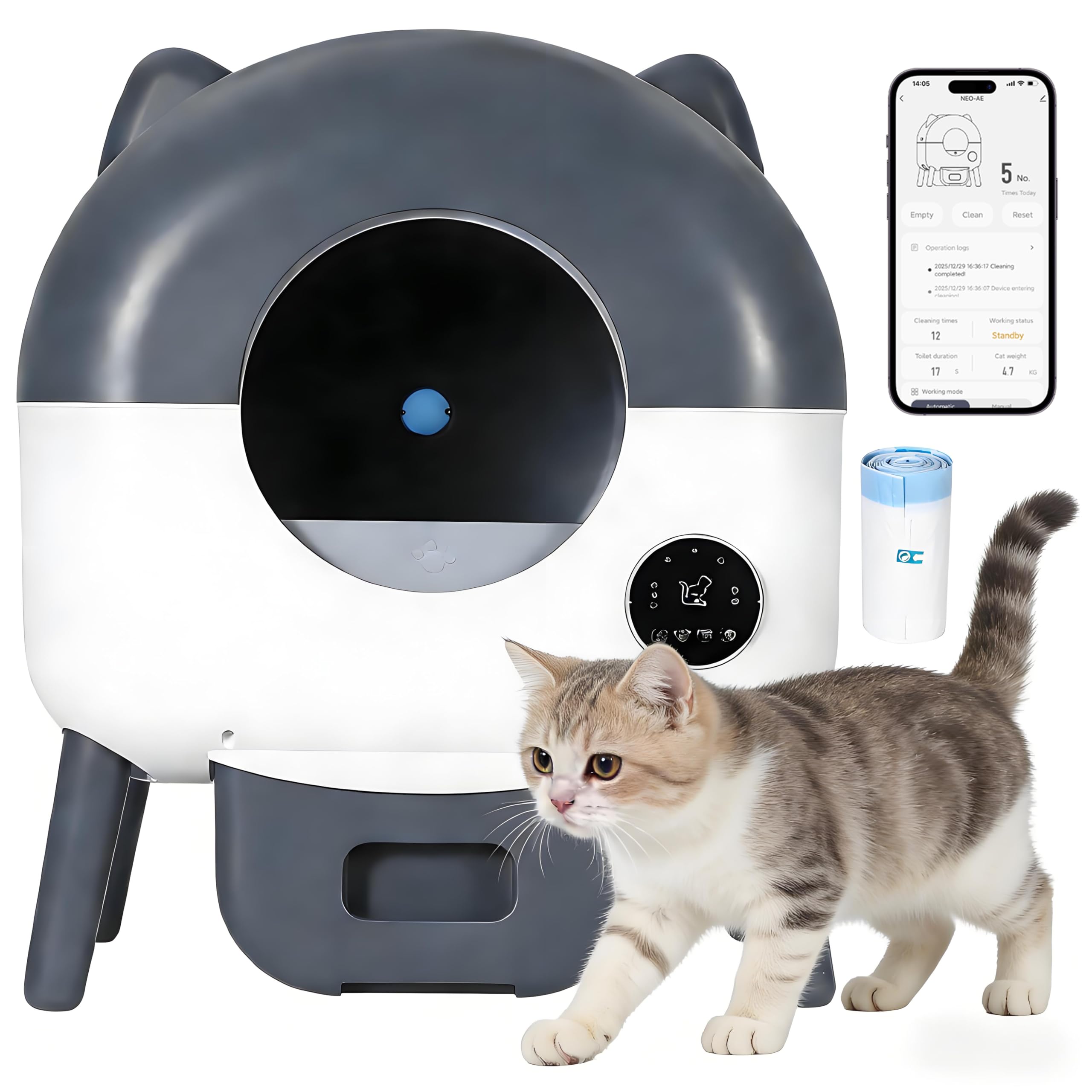 Self-Cleaning Cat Litter Box with Large Capacity and Automatic Cleaning, Automatic Litter Box with App Control, Triple Safety Protection, Removable Washable Liner, 1 Rolls Garbage Bags