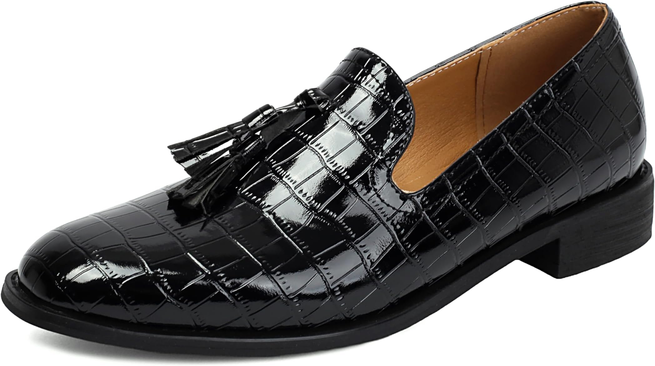 Men's Black Patent Leather Tassel Loafers Crocodile Printed Slip-On Dress Shoes for Business Casual & Formal Wear