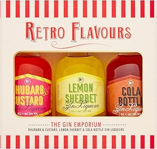 Gin Gifts - The Gin Emporium Retro Flavours Gin Collection by R3, Trio of Miniatures, 1x 5cl Rhubarb & Custard Gin Liqueur, 1x 5cl Lemon Sherbet Gin Liqueur, 1x 5cl Cola Bottle Flavoured Gin Liqueur
