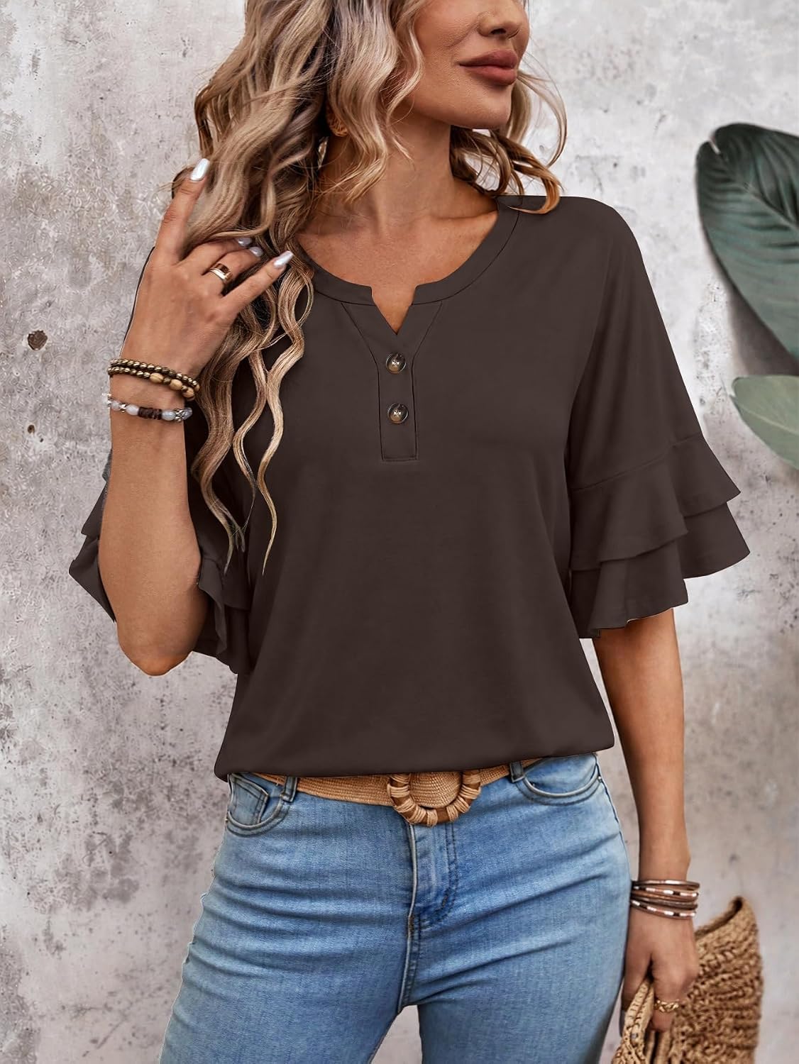 Sialois Womens Blouses 3/4 Length Sleeve Tops Ruffle V Neck Shirts Casual Tunic Spring Fall Summer Fashion Work Clothes