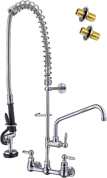 Commercial Faucet with Pre Rinse Sprayer, 8 Inch Center Wall Mount Faucet