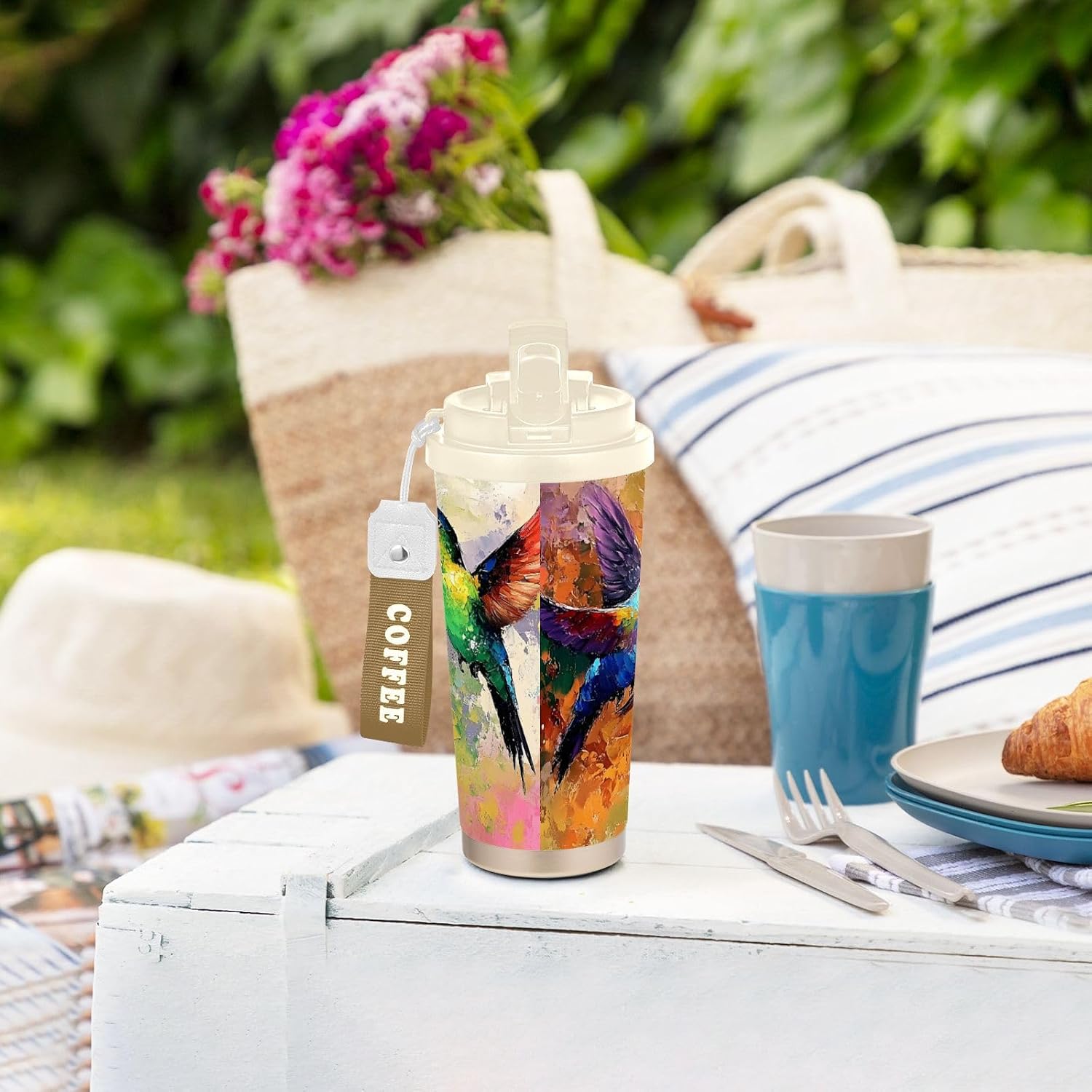 Hummingbird Colors Insulated Coffee Mug with Straw & Flip Lid, 16.9oz Iced Tumbler Cup, Double Wall Vacuum Leak-Proof Mug for Travel Office