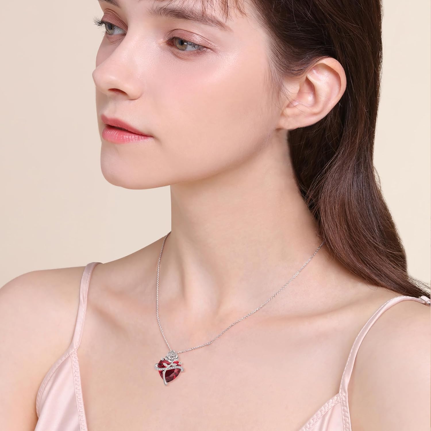 Birthstone Necklace for Women 925 Sterling Silver Love Heart Rose Flower Necklace Dainty Jewelry Gifts for Women Wife Girlfriend Mother Daughter Her - Image 3