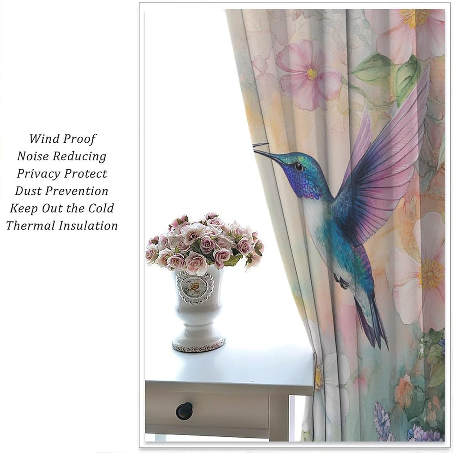 Watercolor Hummingbird Flower Blackout Curtains for Bedroom/Living Room, Vintage Botanical Illustration Curtains Rod Pocket Thermal Insulated Window Drapes, 21W x 45L, 2 Panels