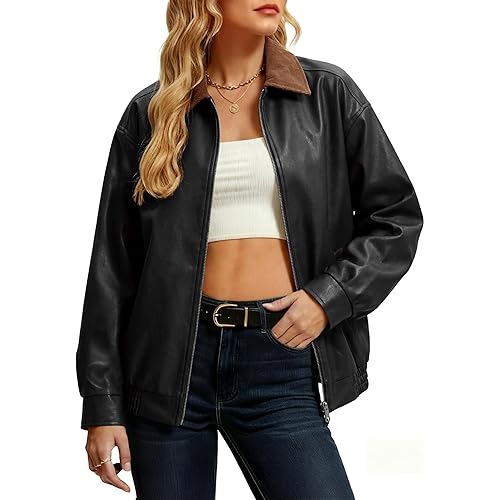 Casly Lamiit Women Leather Jacket Oversized Bomber Motorcycle Zip Up Jacket Spring Trendy Coats Fashion Clothes 2026