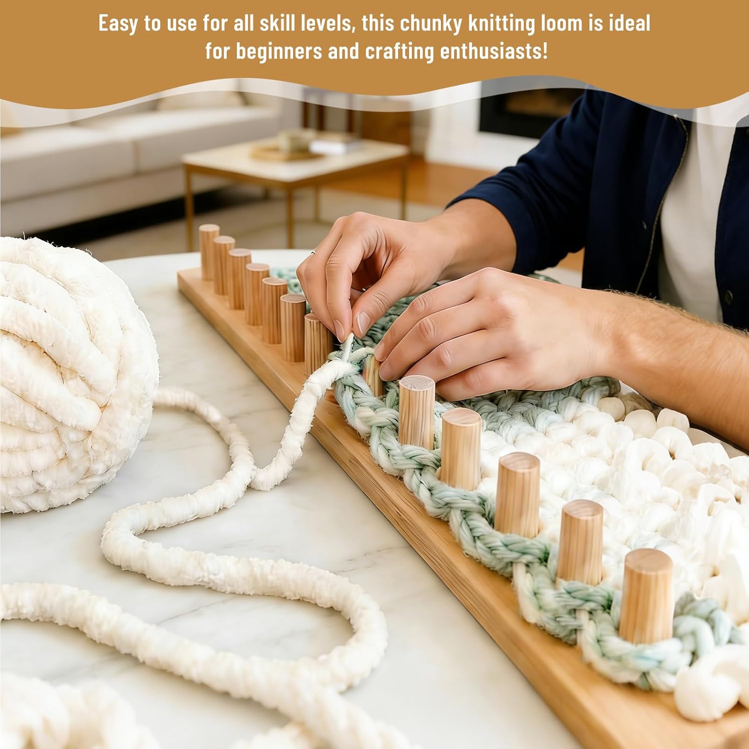 Chunky Blanket Loom - 46" Large Wooden Loom for Knitting with Infinite Expandable Design, Hand Knitting Loom for Chunky Yarn to Make Extra Wide Scarves & Blankets, No Tools Needed for Beginners
