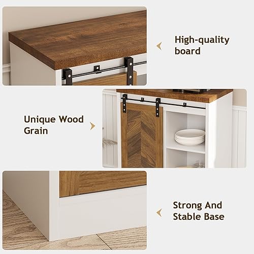 Miniatura 6 de Catrimown Armario de café pequeño de granja con almacenamiento, mesa de café blanca con puerta corrediza de granero, estantes ajustables, armario de