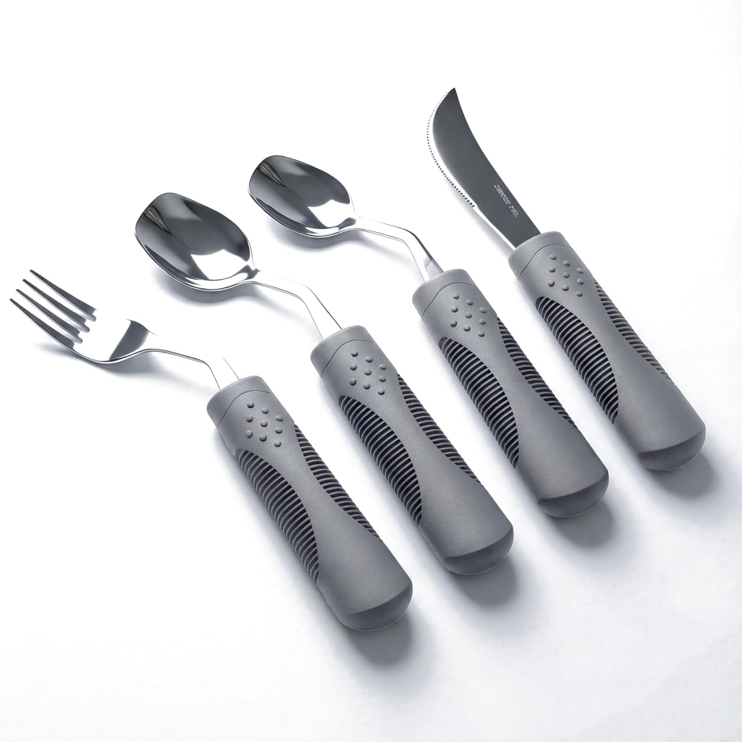 Adaptive Utensils 4-Piece Set | Weighted Silverware for Hand Tremors & Parkinson's | 42° Angled Rocker Knife & Shovel Spoon | 200g Weighted Utensils for Arthritis, Elderly (Grey,
