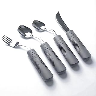 Adaptives Besteckset – Gewichtetes Essbesteck für mehr Stabilität & Kontrolle beim Essen, 42°-Winkel-Rockermesser & Schaufellöffel, 142 g (Grau, rechts)