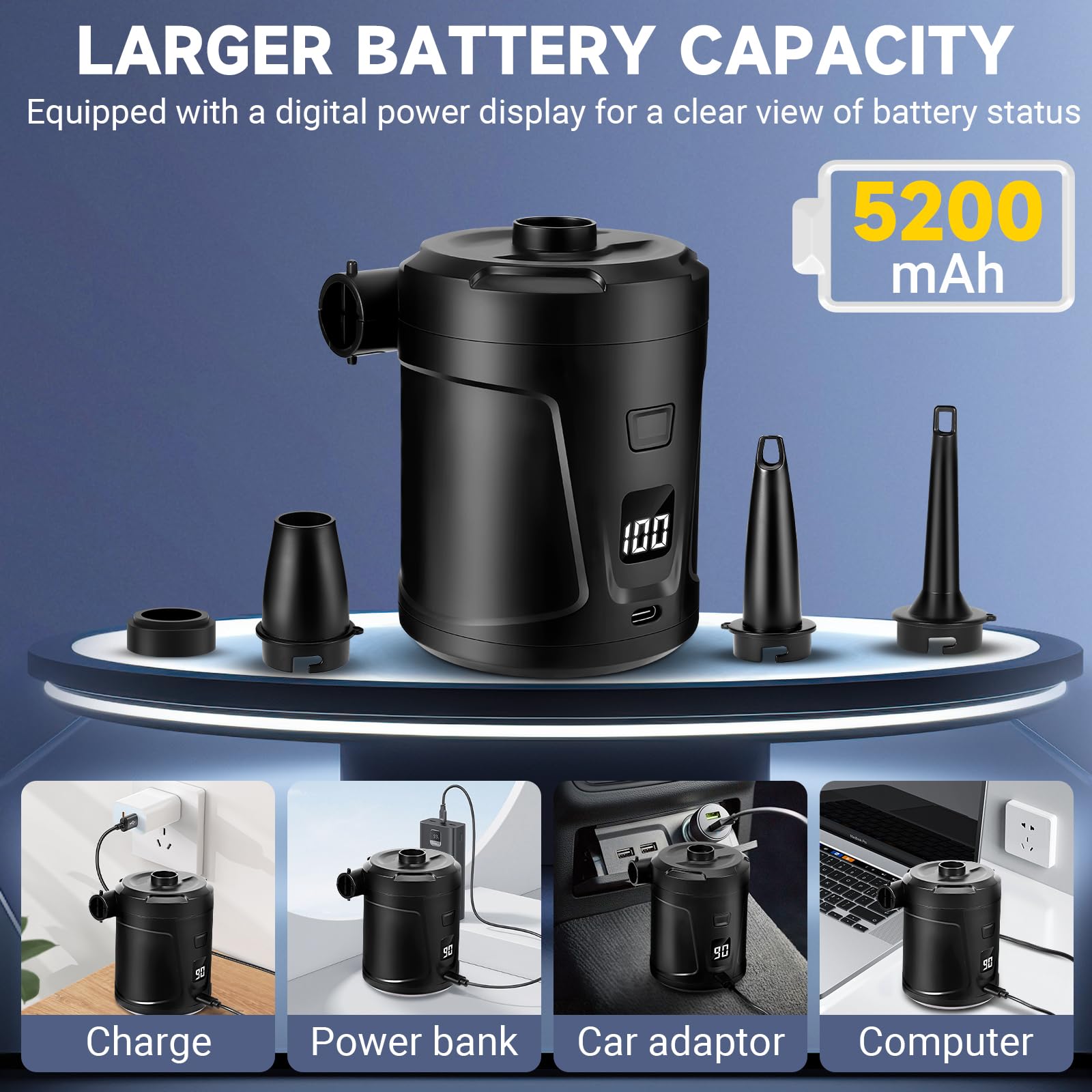 Elektrische Luftpumpe 5200mAh - Schnell Inflator Mit 3 Düsen Für Camping & Pool