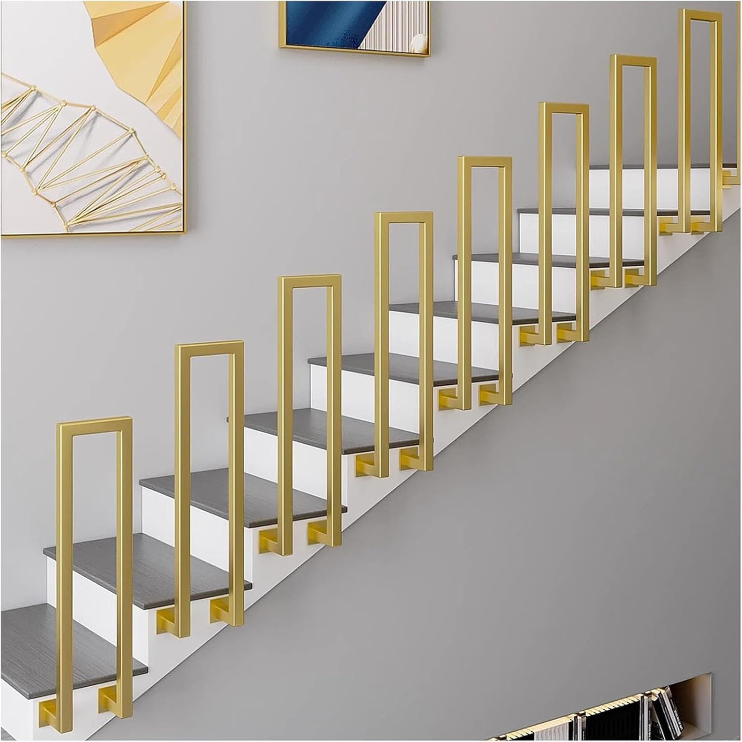 Gold Staircase Handrail Kit, Side Mount U-Shaped Stair Railing Handrail, Industrial Square Tube Iron Railing Hand Rails for Outside Steps or Indoor, with Installation Kit, 1pack (Size: 55cm)
