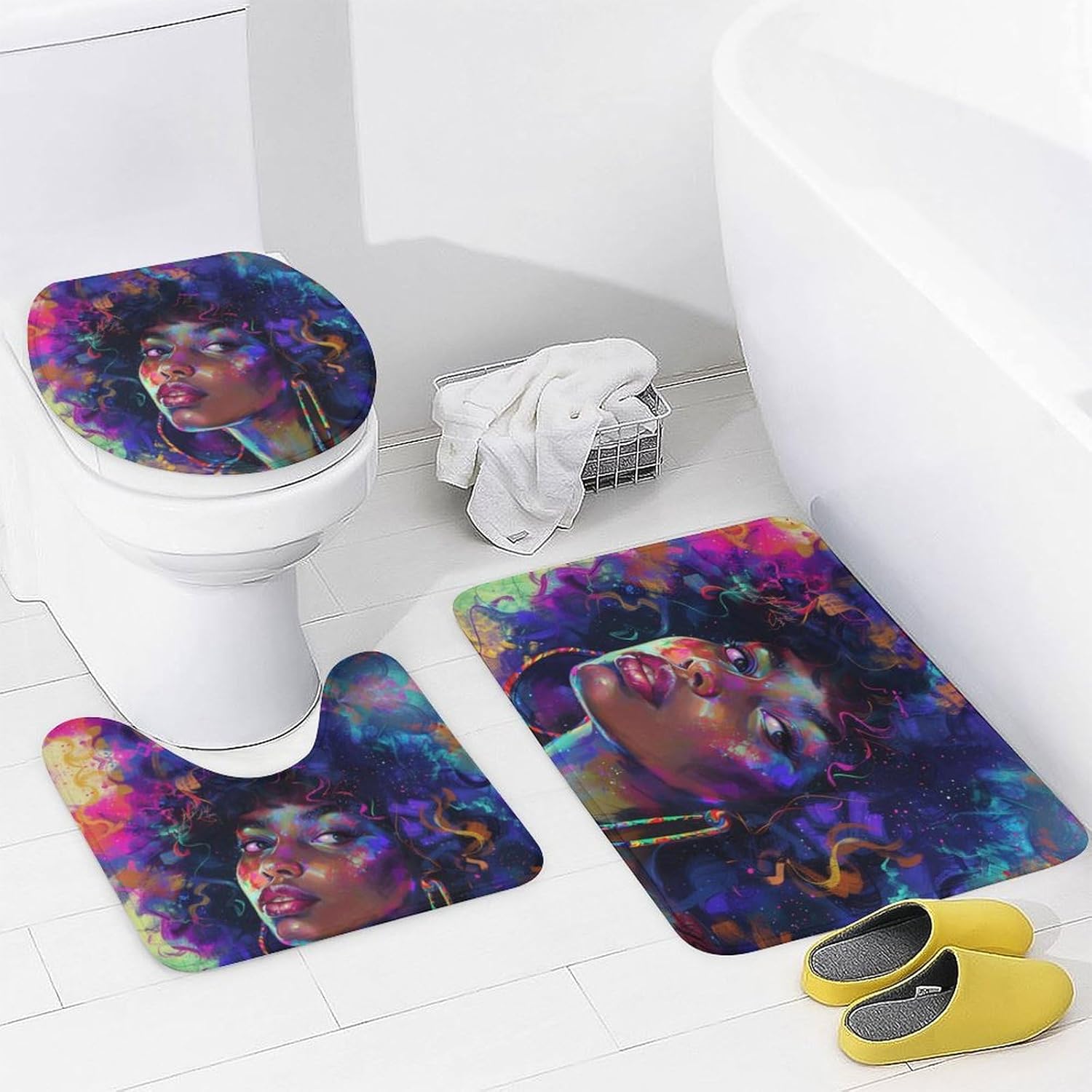 Watercolor African Black Woman Theme for Bathroom Shower Curtains Sets with Rugs 4Pcs,Modern Colorful Painting Art Aesthetic African Black Girl Prints Shower Curtains Sets (12Hooks)