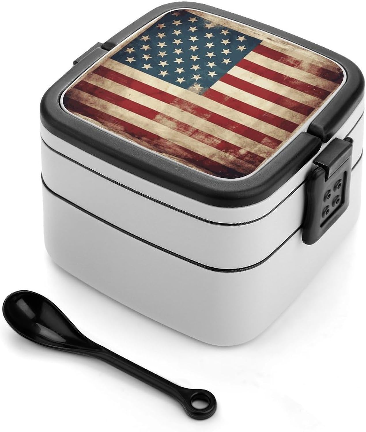 Adult Double-Layer Bento Box Vintage American USA Flag Portable Lunch Box with Spoon And Invisible Handle Leakproof Microwave-Safe Food Container for Work Travel Camping
